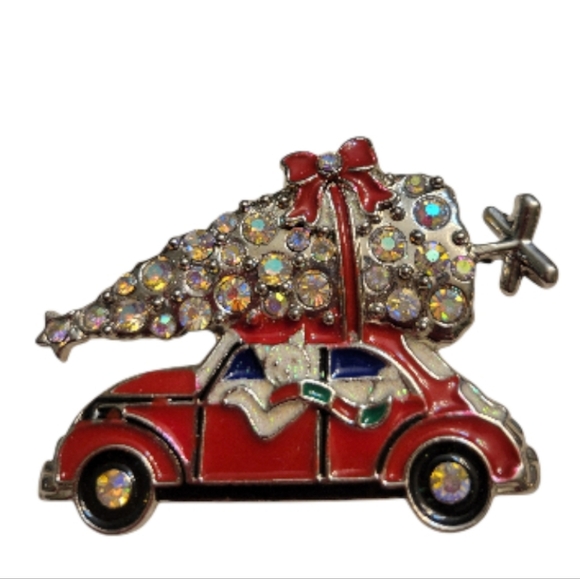 Jewelry - Vintage Whimsical Cat Driving a Car with a Xmas tree🎄